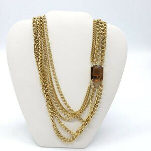 Heavy Faceted Topaz Glass Rhinestone Multi-Strand Chain Link Necklace Vintage